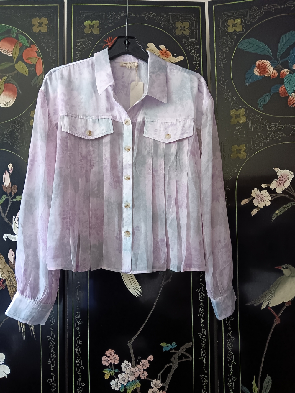 Mystree Lavender Watercolor Button-Front Blouse - Picture 1 of 7